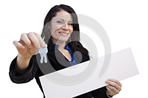 Hispanic Woman Holding Blank Sign and Keys On White