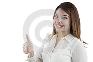 Hispanic Woman Holding Giving Thumbs up