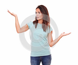 hispanic woman holding her palms up