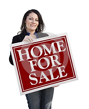 Hispanic Woman Holding Home For Sale Real Estate Sign