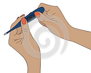 A hispanic woman holds an electronic thermometer in her hands. Body temperature measurement. Result 36.6.