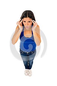 Hispanic woman touching tempo with fingers suffering headache migraine