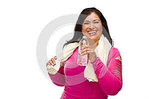 Hispanic Woman In Workout Clothes, Water and Towel