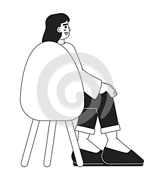 Hispanic young adult woman sitting in chair back view black and white 2D cartoon character