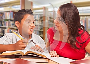 Hispanic Young Boy and Famle Adult Studying At Library