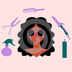 Hispanik Latino American women. There are hairdressing tools hair spray,scissors,comb,curling iron around her head. Pink