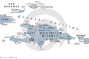 Hispaniola and surroundings, Caribbean islands, gray political map
