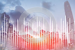 Histogram and lines economic chart of financial instrument on modern metropolis. Up and down arrows.