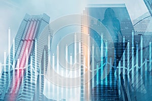 Histogram and lines economic chart of financial instrument on modern metropolis. Up and down arrows.