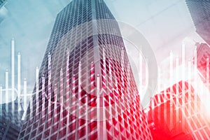 Histogram and lines economic chart of financial instrument on modern metropolis. Up and down arrows.