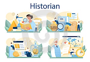 Historian concept set. History science, paleontology, archeology.