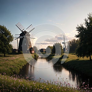 Historians Dutch windmills near Rotterdam. made with Generative AI photo