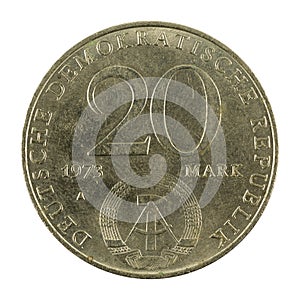 Historic 20 east german mark coin special edition1973 reverse isolated on white background