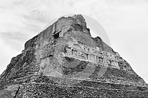 Historic ancient city ruins of Xunantunich Archaeological Reserve in Belize. Black and White