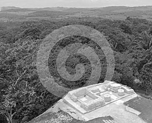 Historic ancient city ruins of Xunantunich Archaeological Reserve in Belize. Black and White