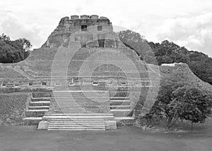 Historic ancient city ruins of Xunantunich Archaeological Reserve in Belize. Black and White