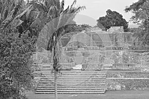 Historic ancient city ruins of Xunantunich Archaeological Reserve in Belize. Black and White