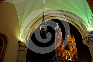 Historic ancient market square in Krakow. Cloth Hall and Mariacki Church