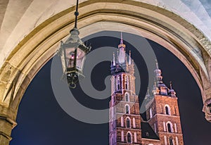 Historic ancient market square in Krakow. Cloth Hall and Mariacki Church