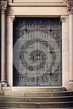 Historic Ancient Metal Door of Architecture Castle Church, Cathedral Exterior Decoration of Swiss Culture in Switzerland. Gate