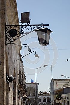 old architecture of Arequipa/Peru. Porchs and vintage lamps