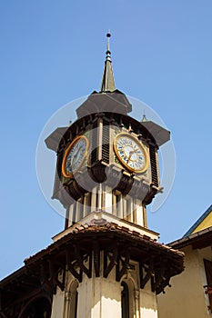 Historic art nouveau clocktower of pump house in Evian-les-Bains