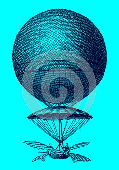 Historic balloon by Jean-Pierre Blanchard from 1785 descending in front of a blue background