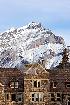 Historic Banff National Park Administration Building in the Cascades of Time Garden on Banff Avenue