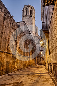 The historic Barrio Gotico in Barcelona at twilight