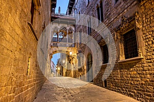 The historic Barrio Gotico in Barcelona at twilight photo