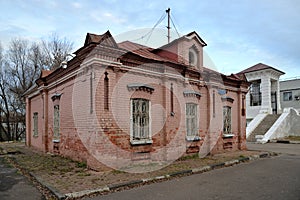 Historic brick watchhouse by aqueduct from 1890s, Aqueduct park in autumn, Rostokino, Moscow, Russia