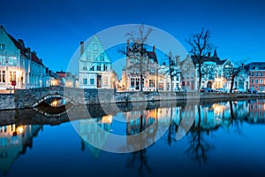 Historic Brugge city center with buildings at canal at twilight, Flanders, Belgium