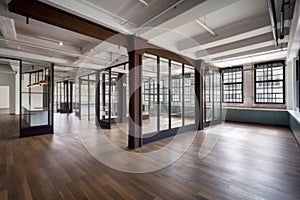 historic building being converted into modern office space, with glass walls and open floor plan