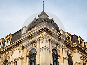 Historic building close up on Calea Victoriei street in Bucharest, Romania