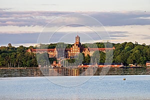 The historic building of Marine School in Flensburg at sunset. Schleswig-Holstein in Germany