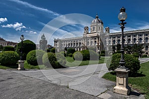 Historic Building Of The Museum Of Natural History Beneath The Sculpture And Memorial For Empress Maria Theresia In The Inner City