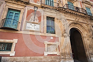 Historic building,palace,palacio episcopal,baroque-rococo style,main facade square Belluga,Murcia,Spain.