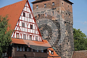 Historic building with white and red roof in Nuremberg, Germany