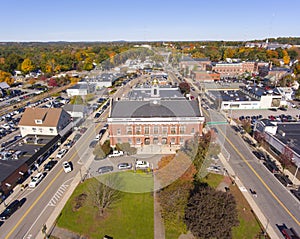 Historic buildings aerial view Needham, MA, USA