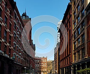 Historic buildings along Harrison Street in the Tribeca neighborhood of New York City