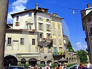 Beautiful Historic Buildings at the Piazza Mercato delle Scarpe in the Cita Alta, Bergamo, Lombardy, Italy