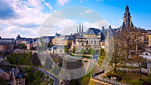 The historic buildings in the city of Luxemburg from above