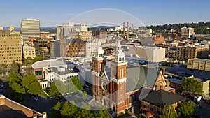 Historic buildings at the forefront in the downtown urban area of Spokane Washington