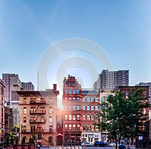 Historic buildings on Hudson Street in the Tribeca neighborhood of Manhattan in New York City