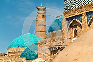 Historic buildings at Itchan Kala fortress in the historic center of Khiva. UNESCO world heritage site in Uzbekistan