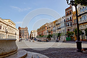 Historic buildings and monuments of Seville, Spain. Architectural details, stone facade