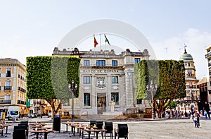 Historic buildings and monuments of Seville, Spain. Architectural details, stone facade