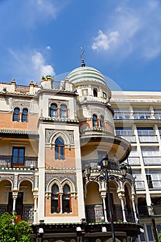 Historic buildings and monuments of Seville, Spain. Spanish architectural styles of Gothic and Mudejar, Baroque