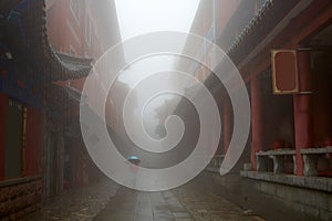 Historic buildings of Mount Tai in rain, Shandong, China