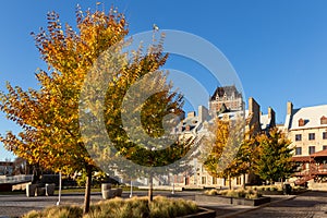 Historic buildings on Place de Paris in the Petit-Champlain sector seen during a golden hour morning
